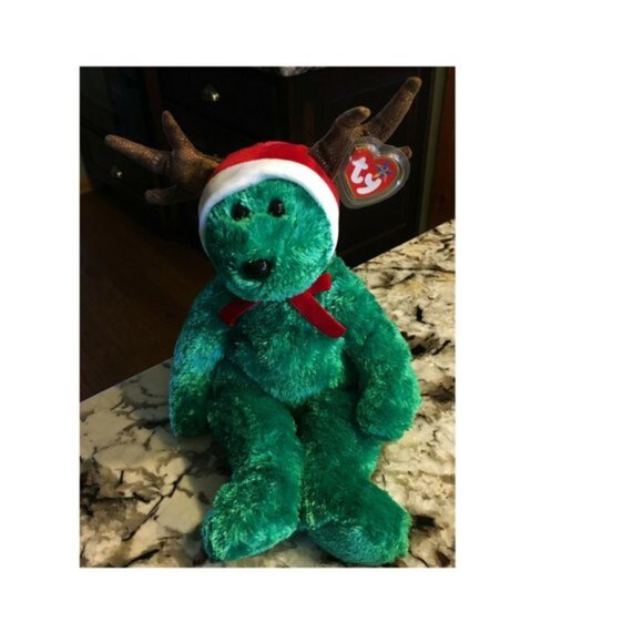 Set (2) 2002 Holiday Teddy TY Christmas Beanie Babies Green Bear Reindeer 8" 14" - Picture 2 of 4
